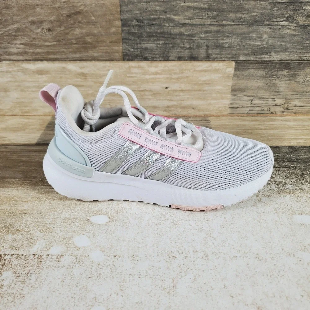 Adidas Racer TR21 Kids Shoes Sz 2 White Blue Tint Round Toe Lace Up Sneakers
